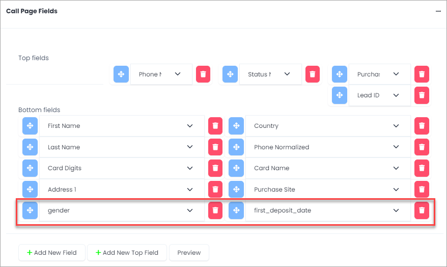 Screenshot of adding custom call page fields