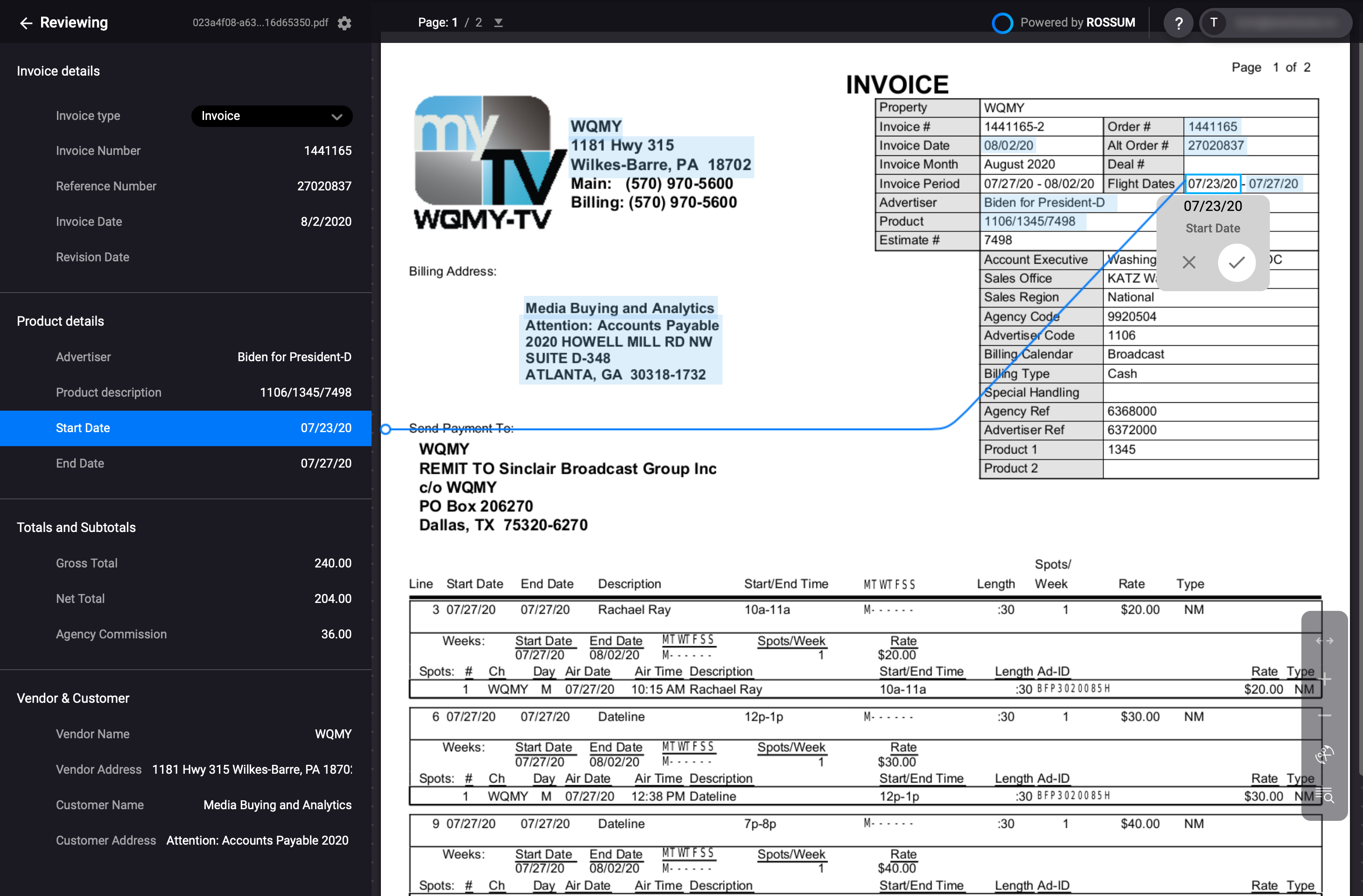 Rossum.ai user interface while annotating the flight start date in an invoice