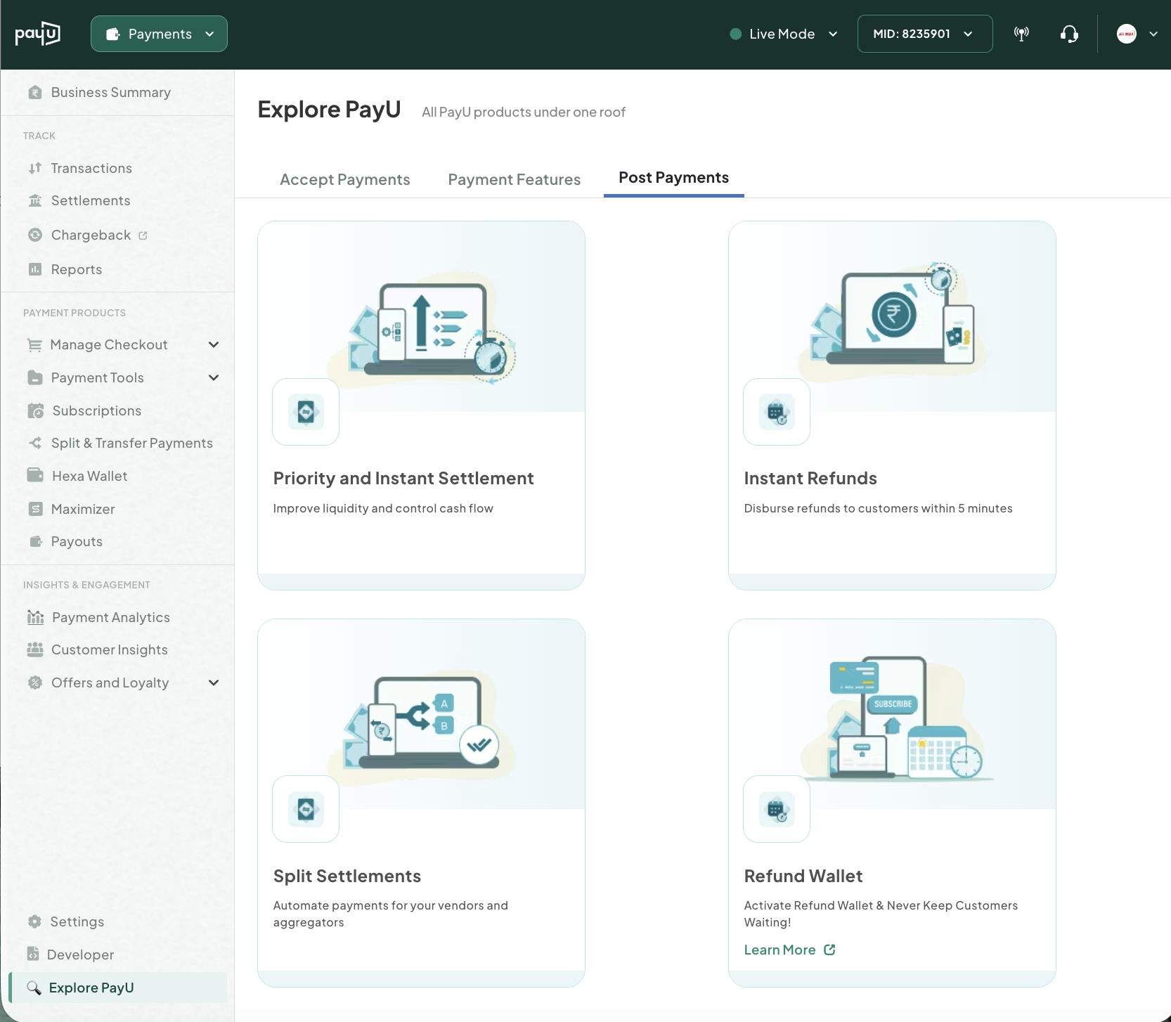 Explore PayU > Post Payment tab