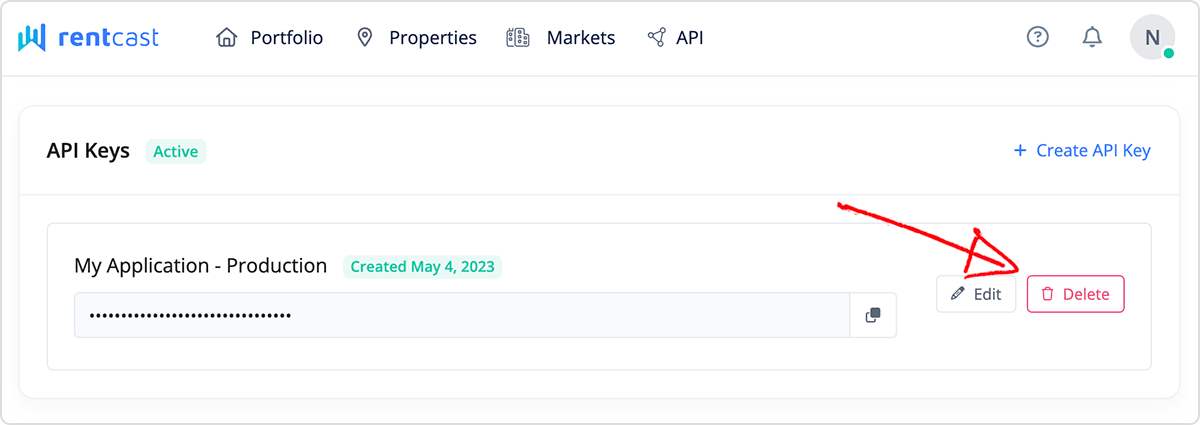 RentCast API - delete an API key