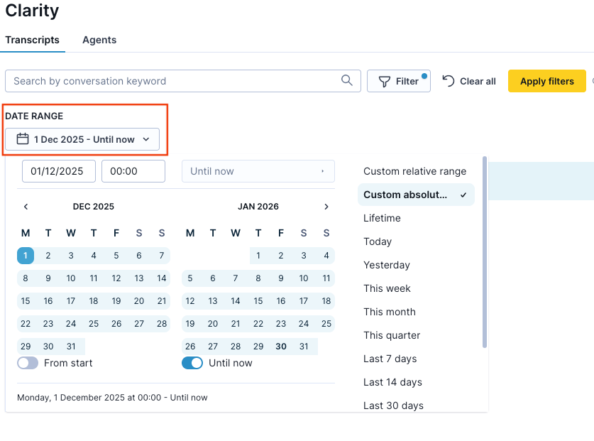 filter only transcripts where conversations occurred within the selected date range.
