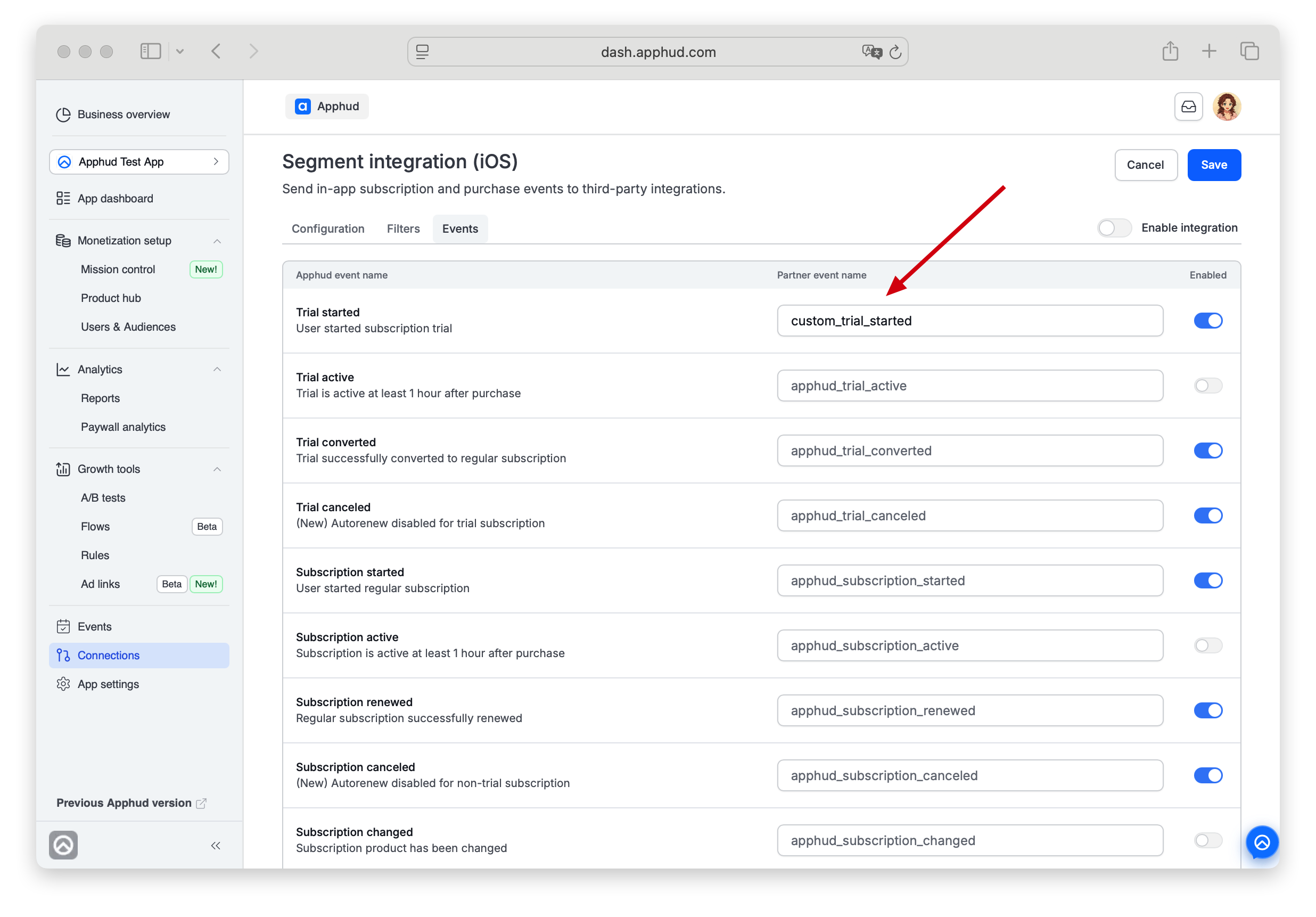 Apphud - Segment events configuration