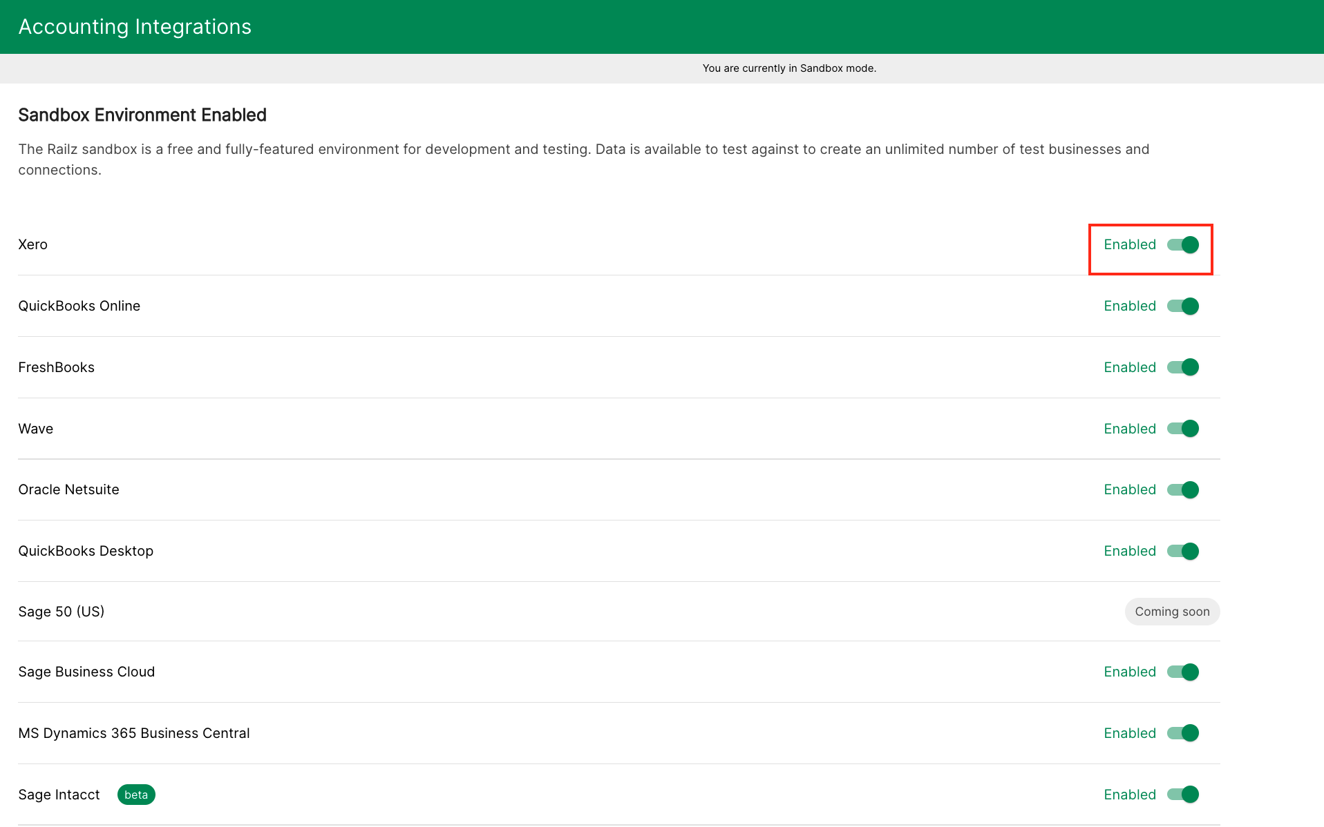 Railz  Dashboard - Manage Sandbox Integrations. Click to Expand.