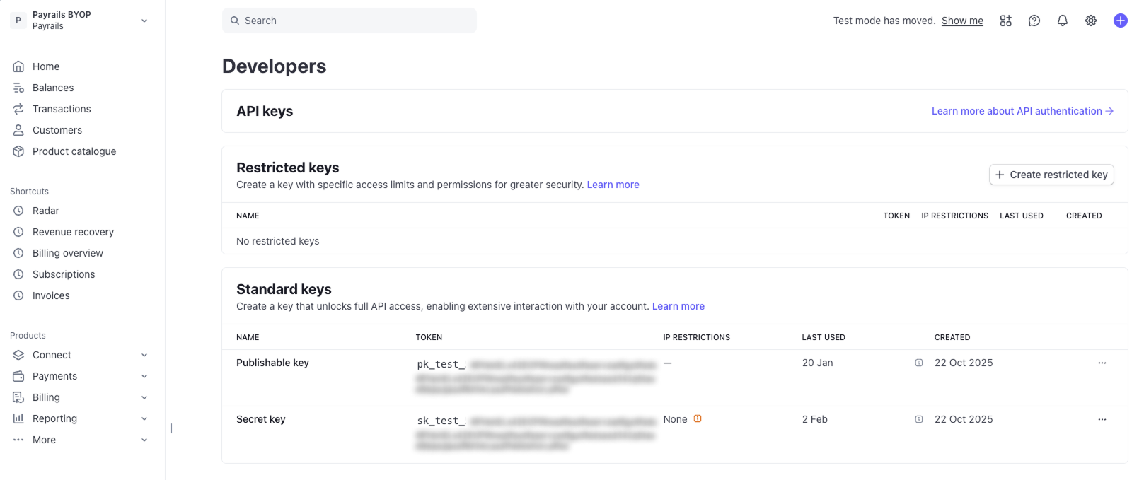 A screenshot showing the Stripe API keys.
