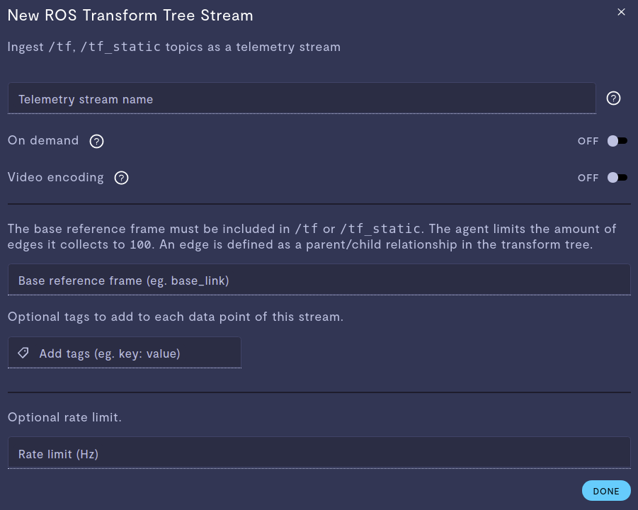 ROS transform tree telemetry stream configuration
