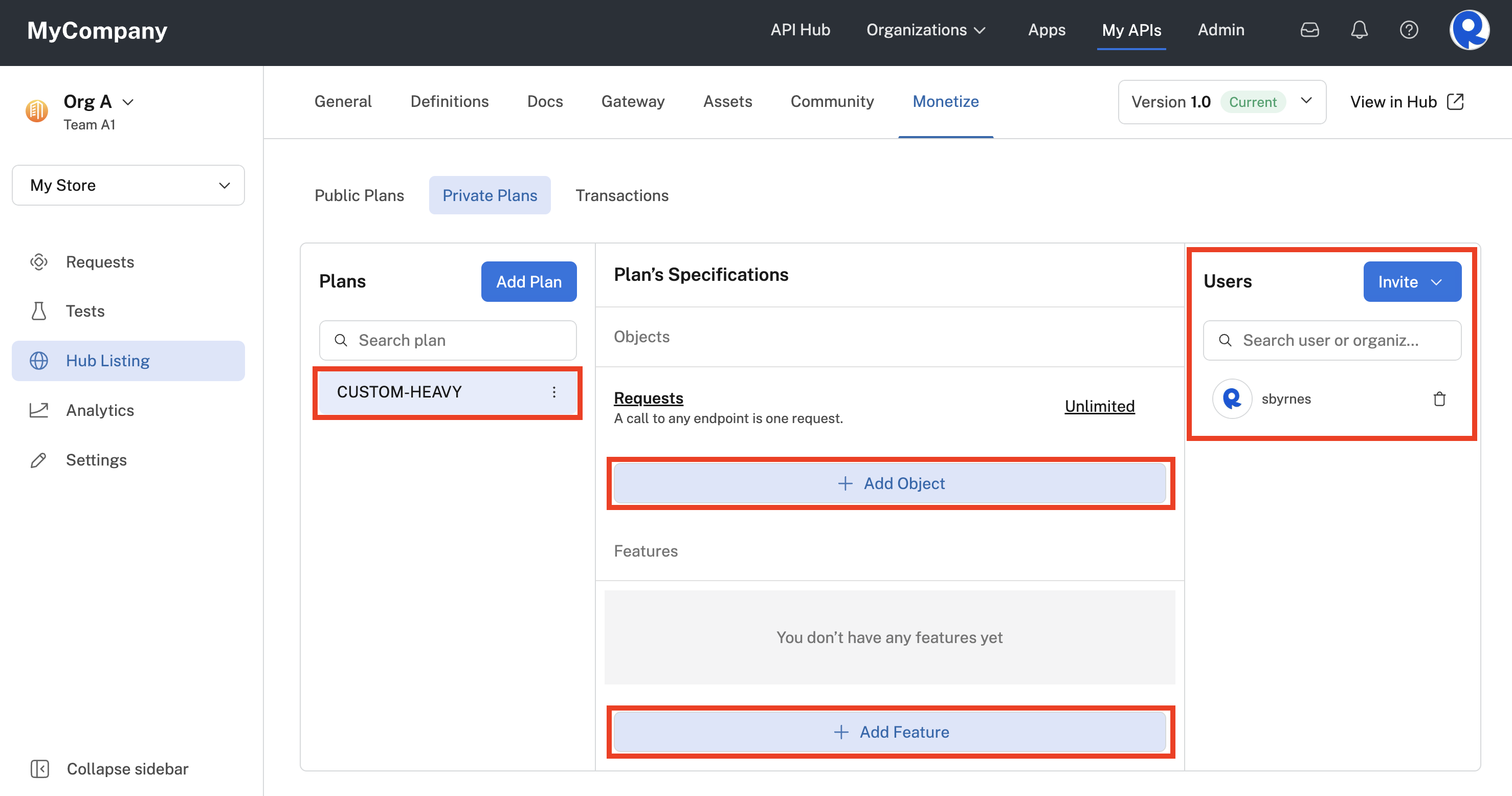 Object, Features, and Users for a private plan.