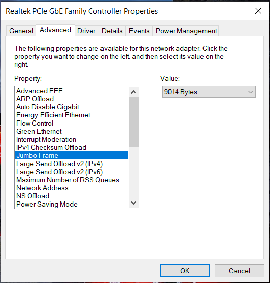 Network Properties Window showing the Jumbo Frame set to 9014 Bytes.
