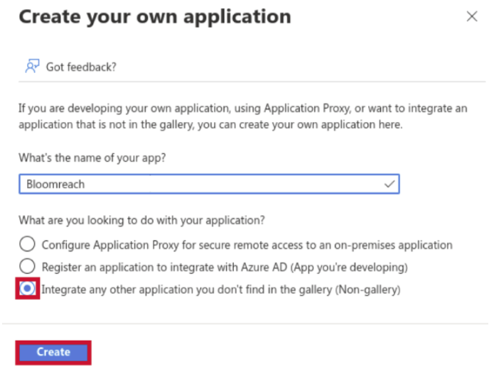 Create application dialog with Bloomreach name and Non-gallery option selected.