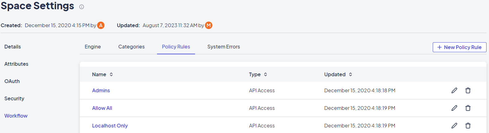 Workflows tab: Policy Rule settings