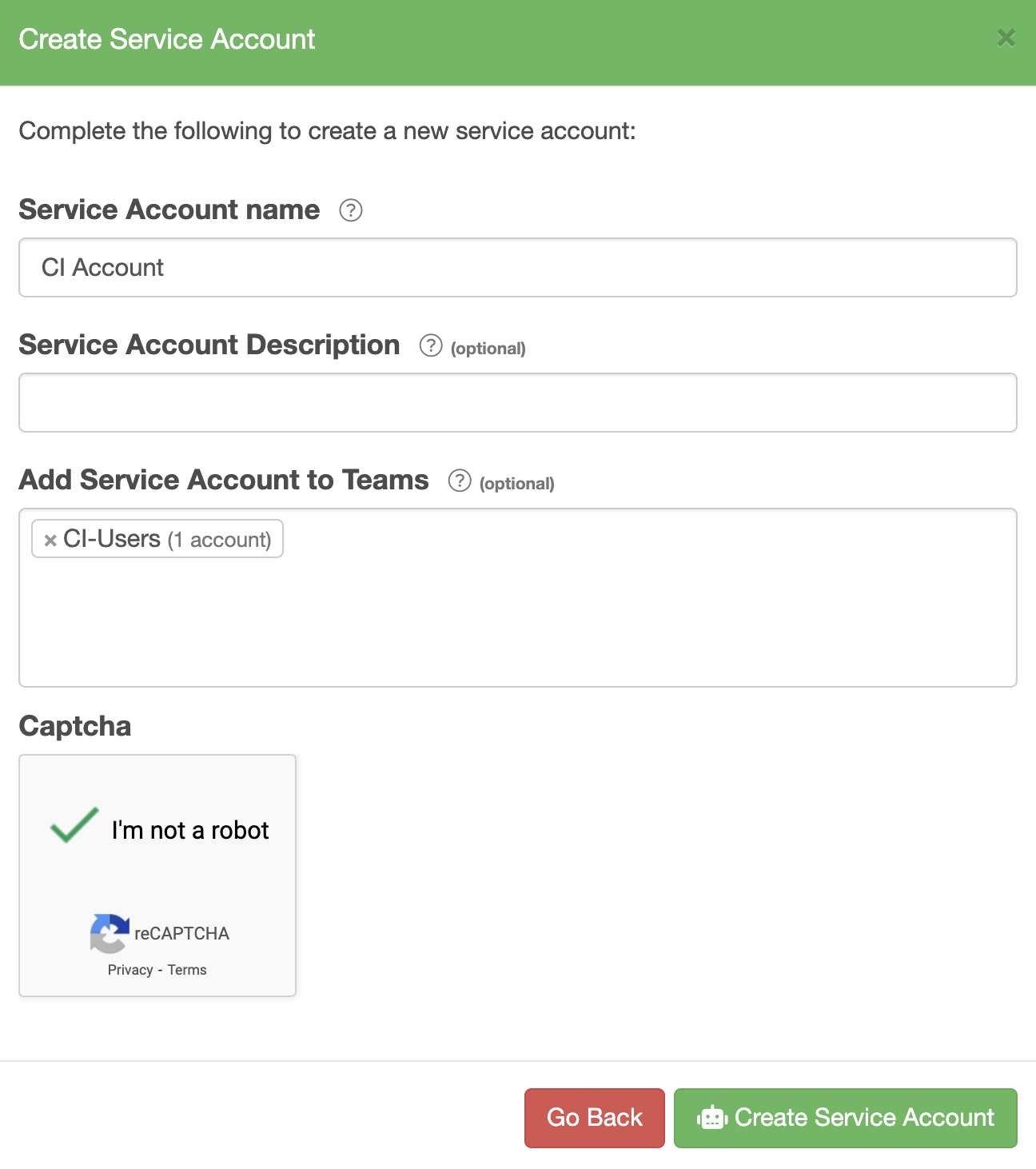 Service Account Creation Form