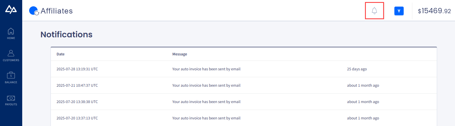 Screenshot of Affiliate Portal notifications page