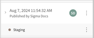 Version history for the workbook, showing a specific version in the history with a timestamp, published by Sigma Docs, and a More menu. Below that entry is the tag Staging, with its own More menu.