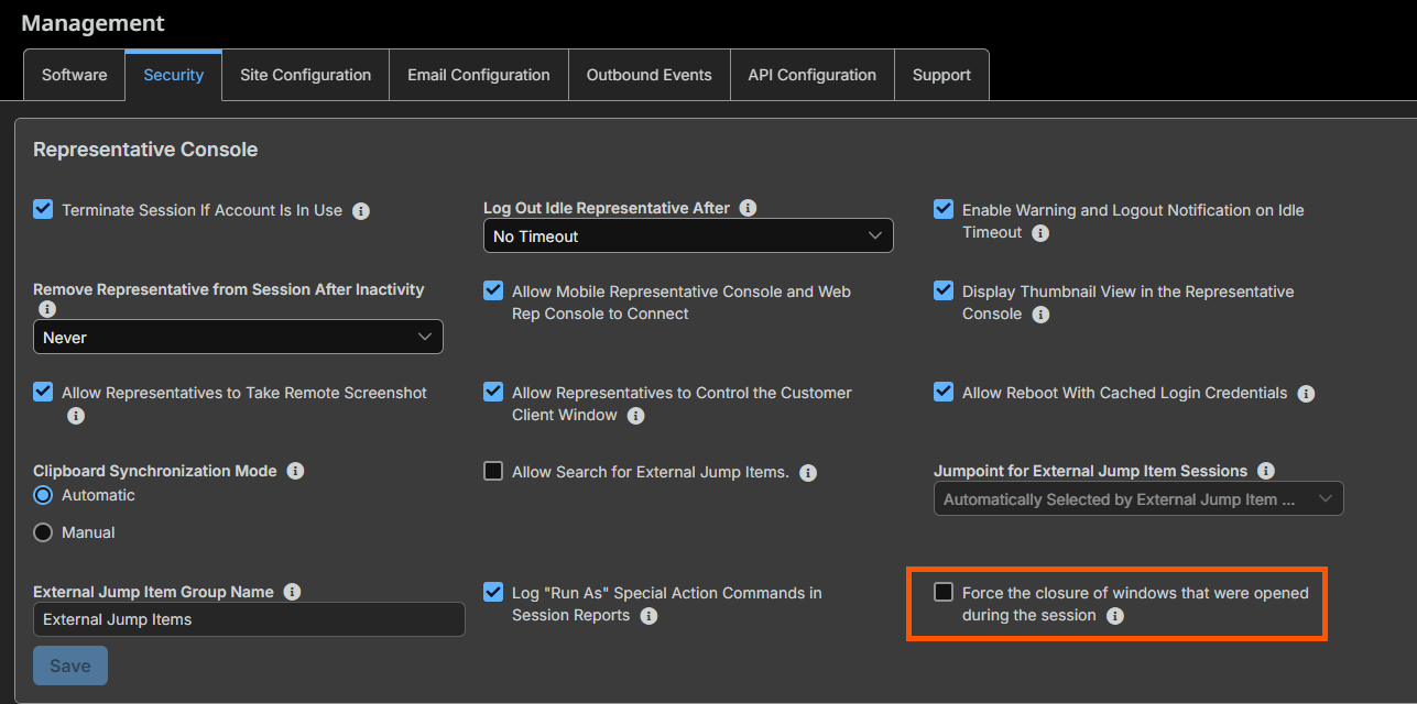 E.g.: Pathfinder - Management > Security > Representative Console