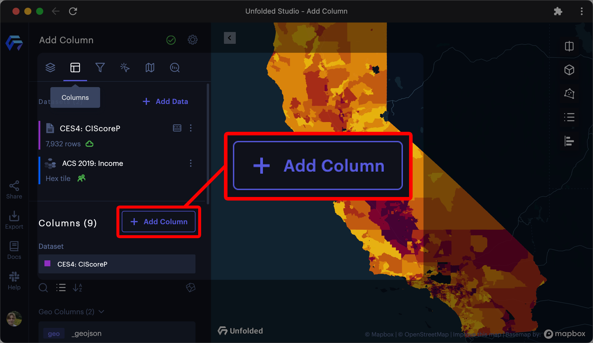 The Add Column button in Studio.