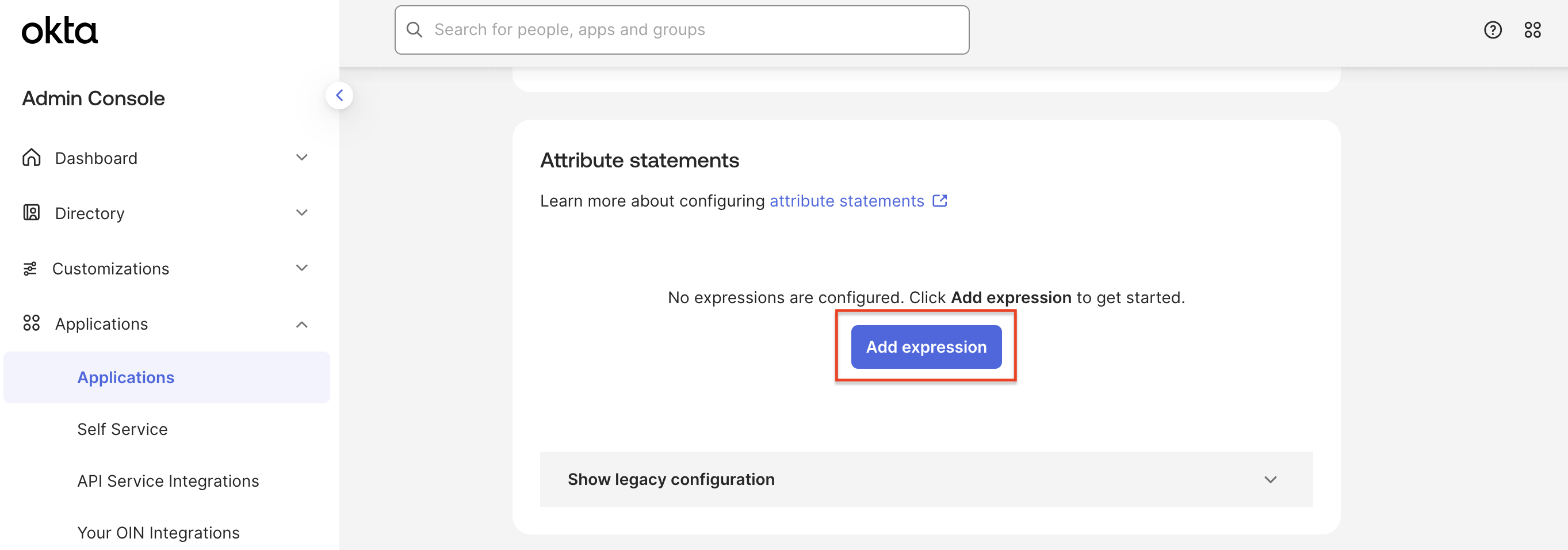 Okta: Sign On tab, Attribute Statements section with Add expression button