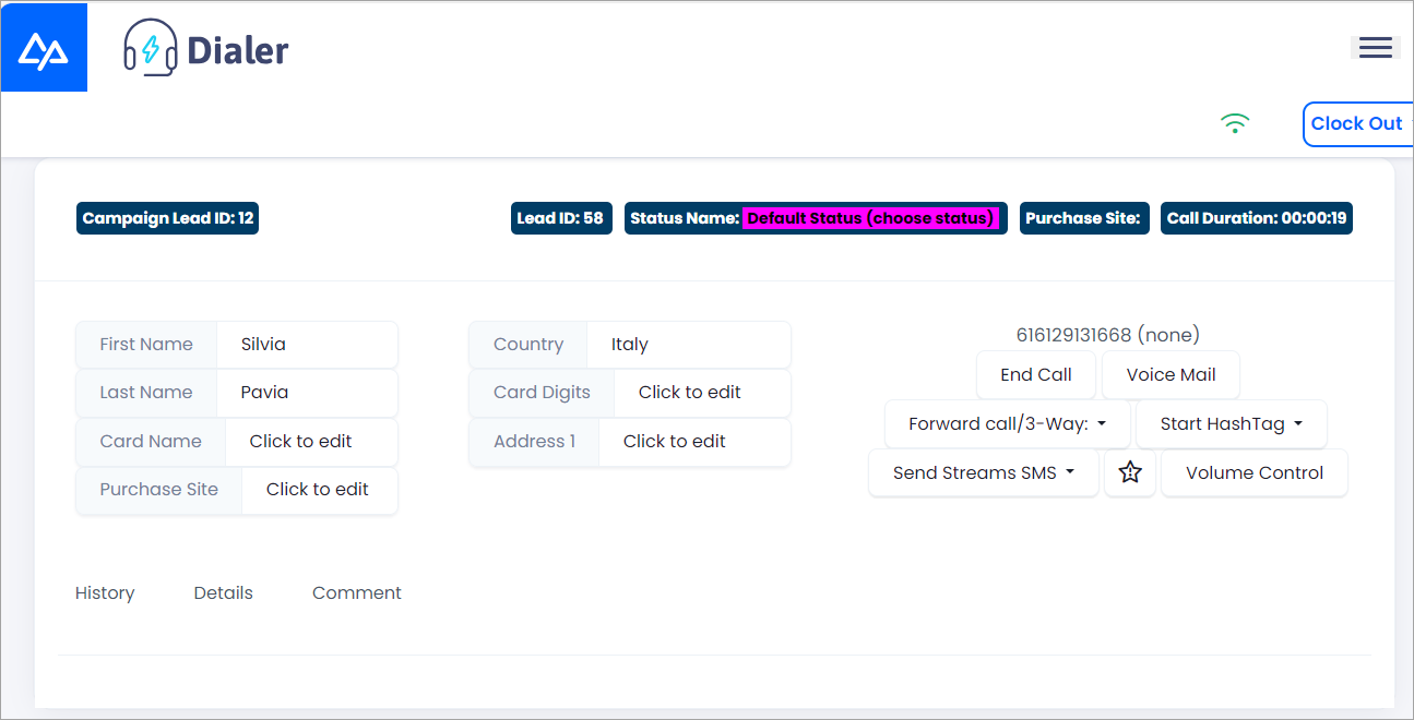 Sceenshot of the call page in the Legacy Agent Interface