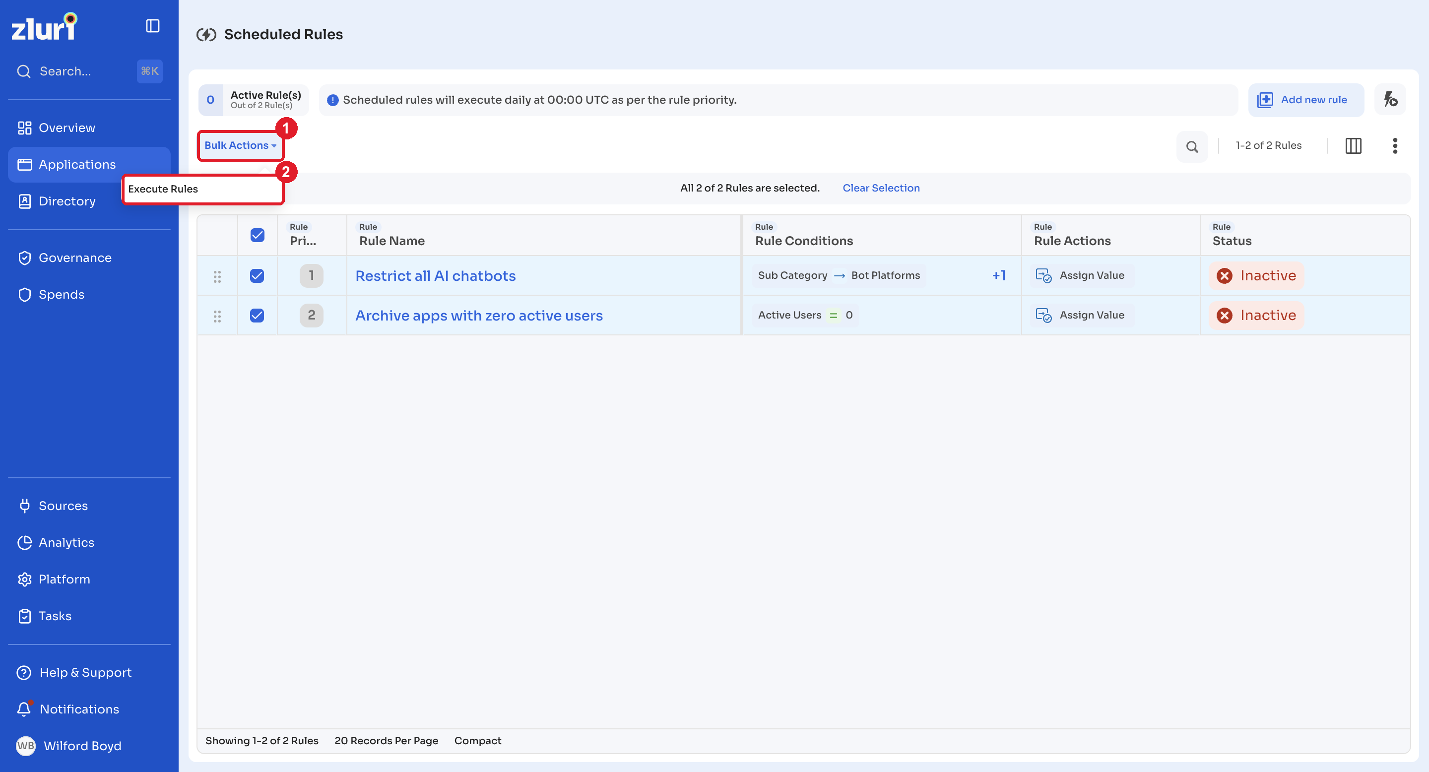 Bulk Actions menu with Execute Rules