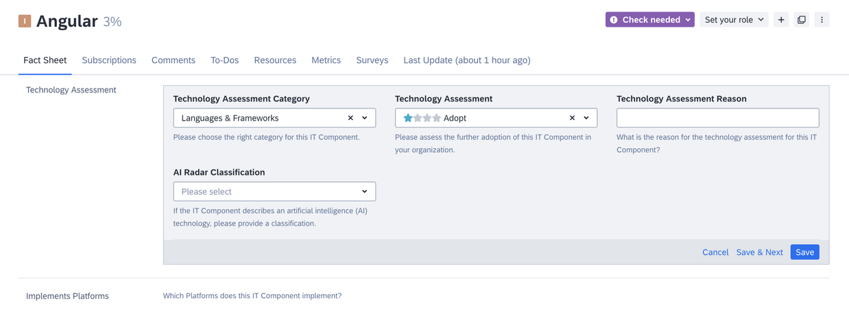 Technology Assessment Fields in IT Component Fact Sheet