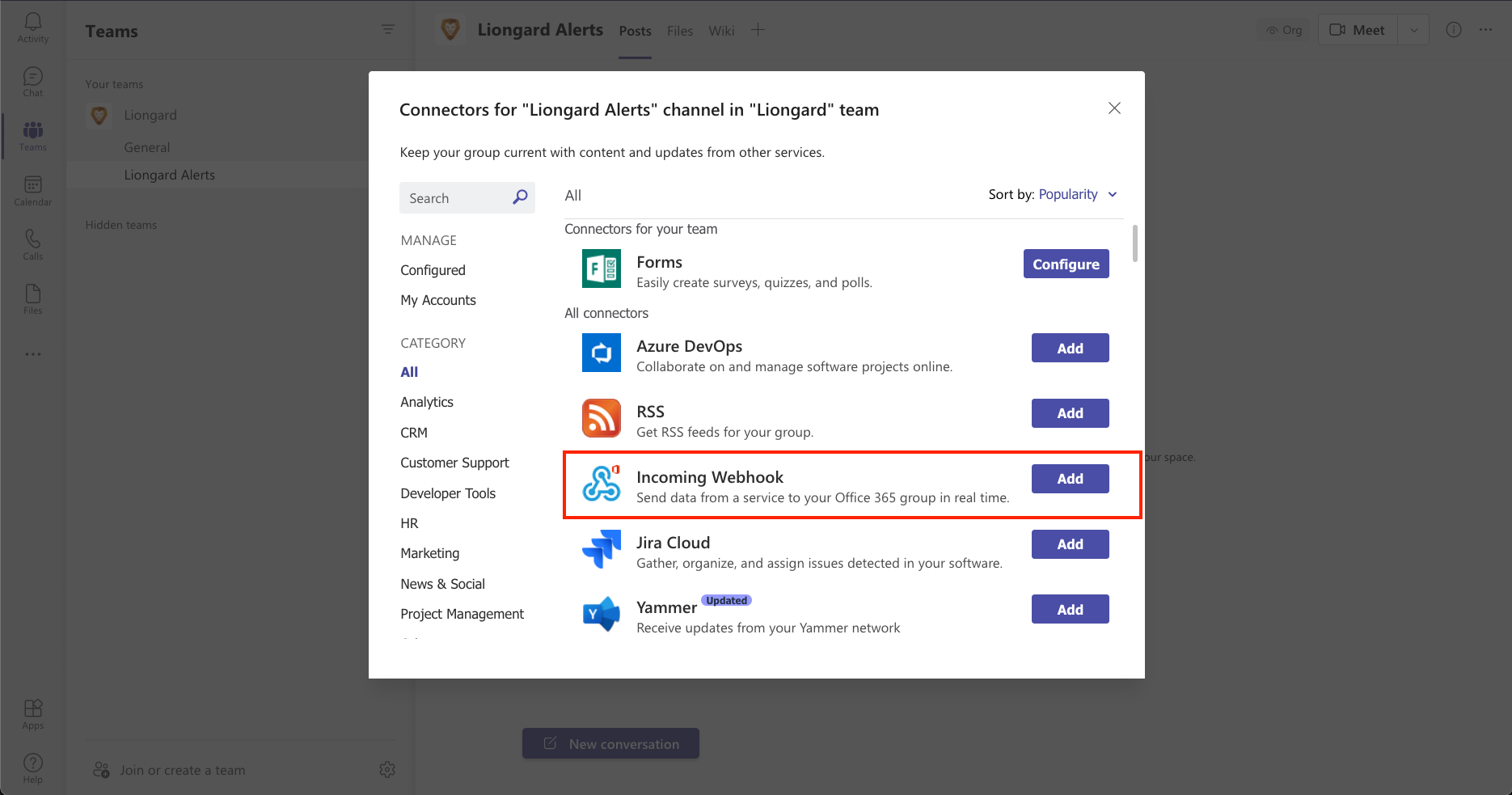 Generate a Microsoft Teams Webhook URL for Liongard