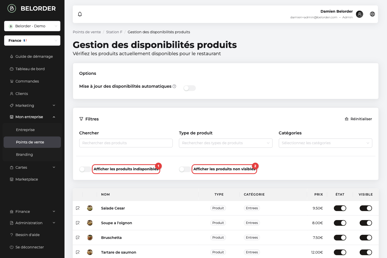 Page Gestion des disponibilités produits avec les colonnes État et Visible