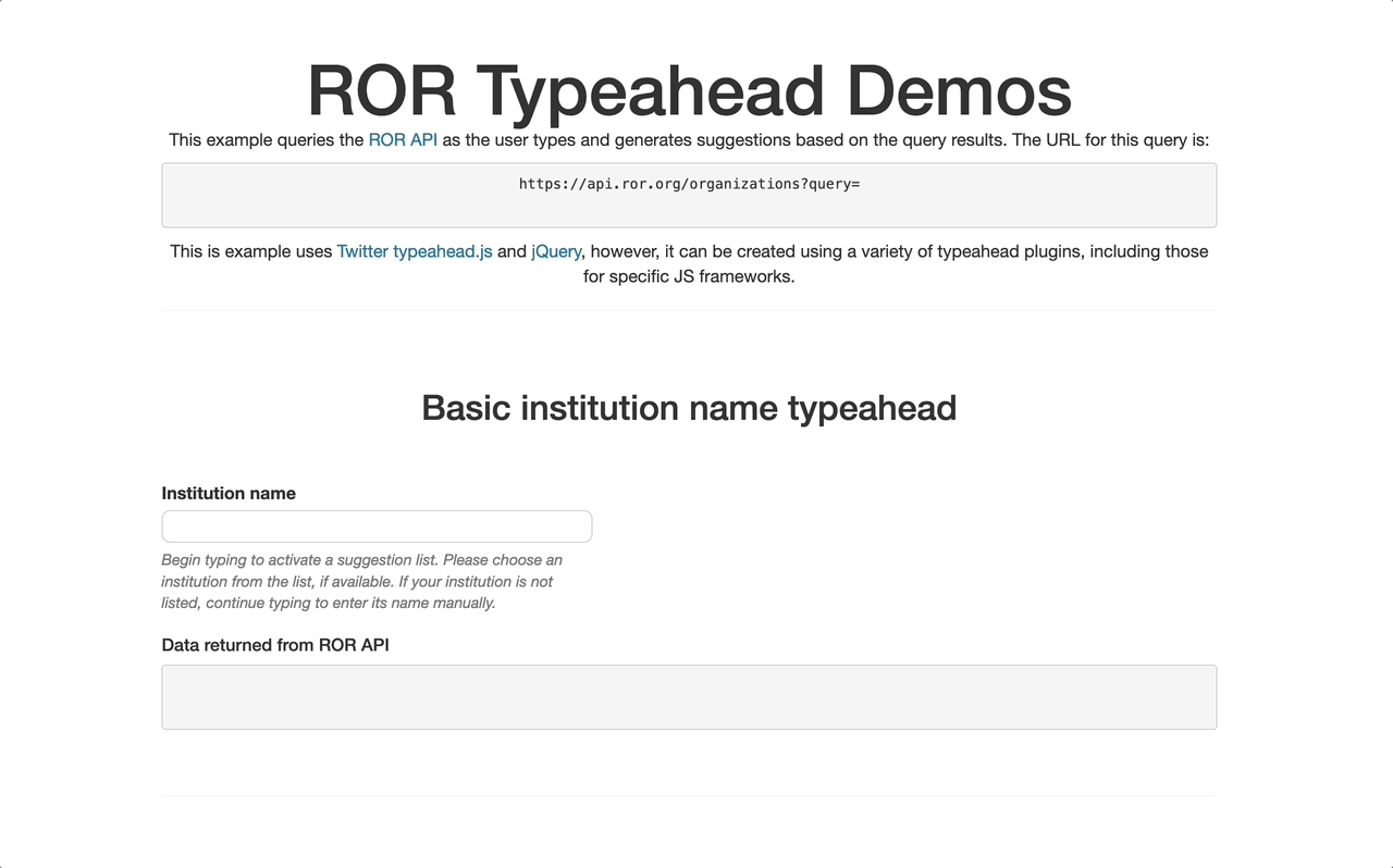 ROR typeahead demo showing a user entering variations on the name Cracow University of Economics into a form