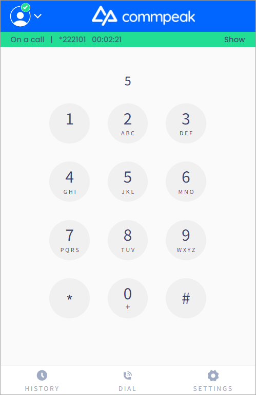 Screenshot of the Softphone dialpad: call in progress