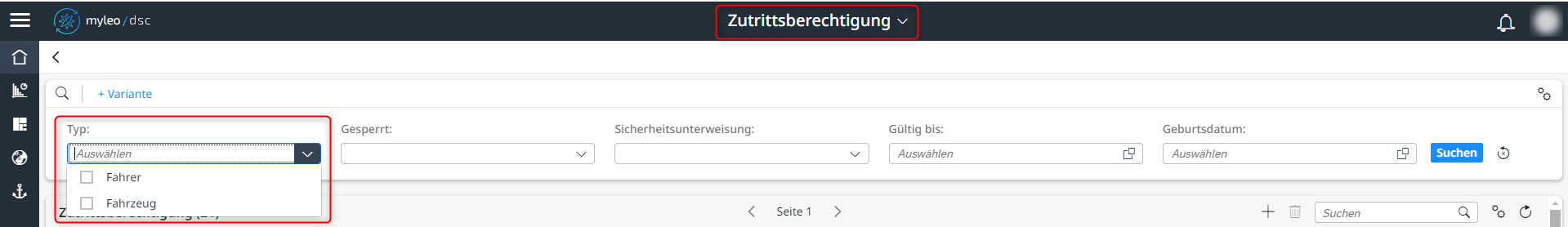 Auswahl des Typs innerhalb der Zutrittsberechtigung App