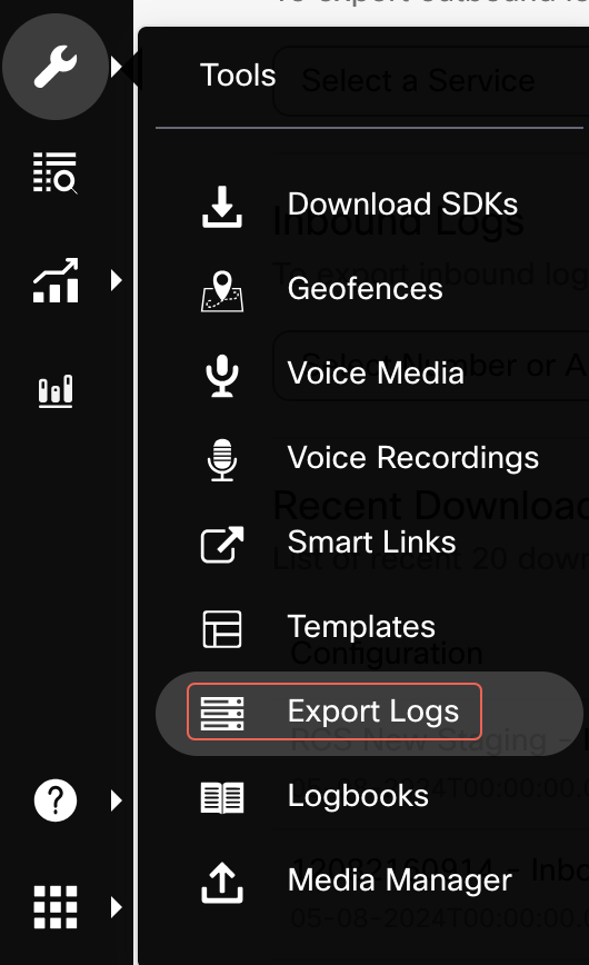 Image illustrating navigation to the Export Logs page within the Tools section