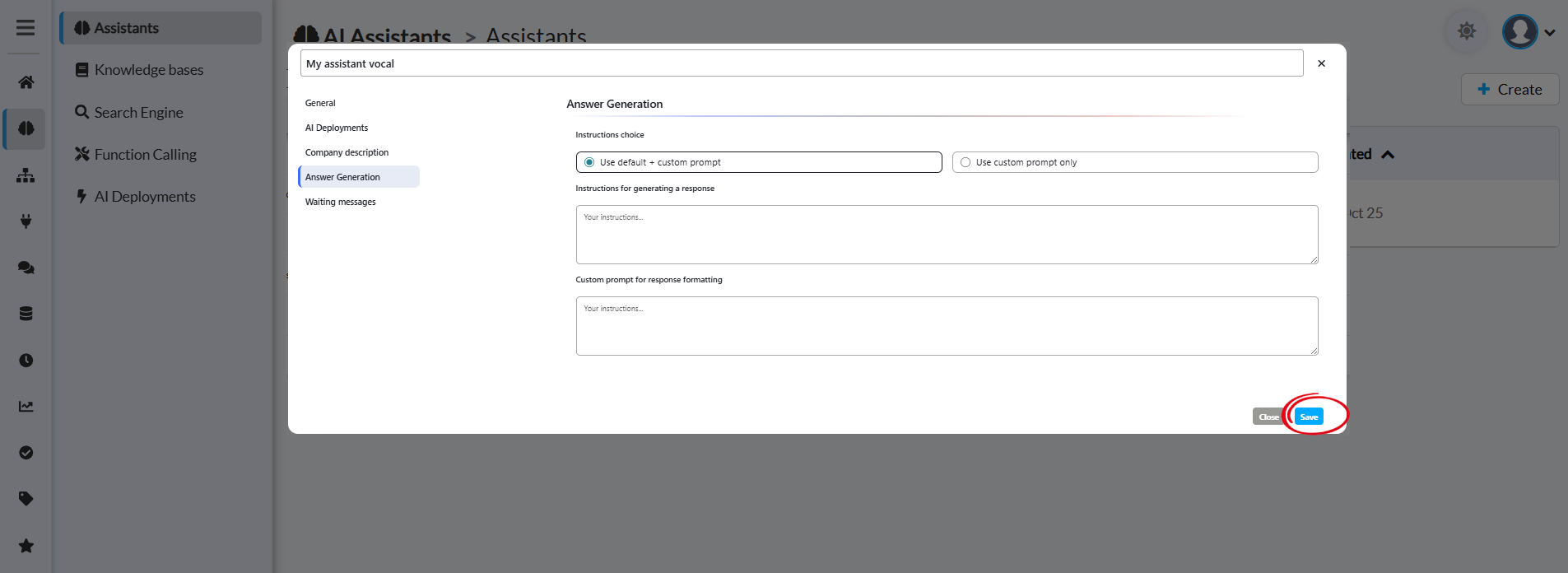 Save button to finalize assistant creation