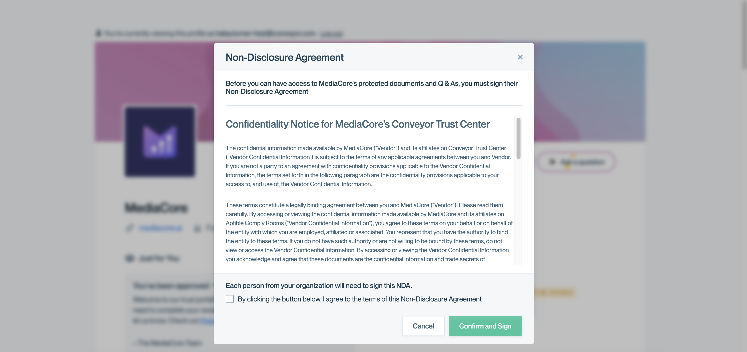 Users must indicate their assent twice, with the checkbox and "Confirm and Sign" button