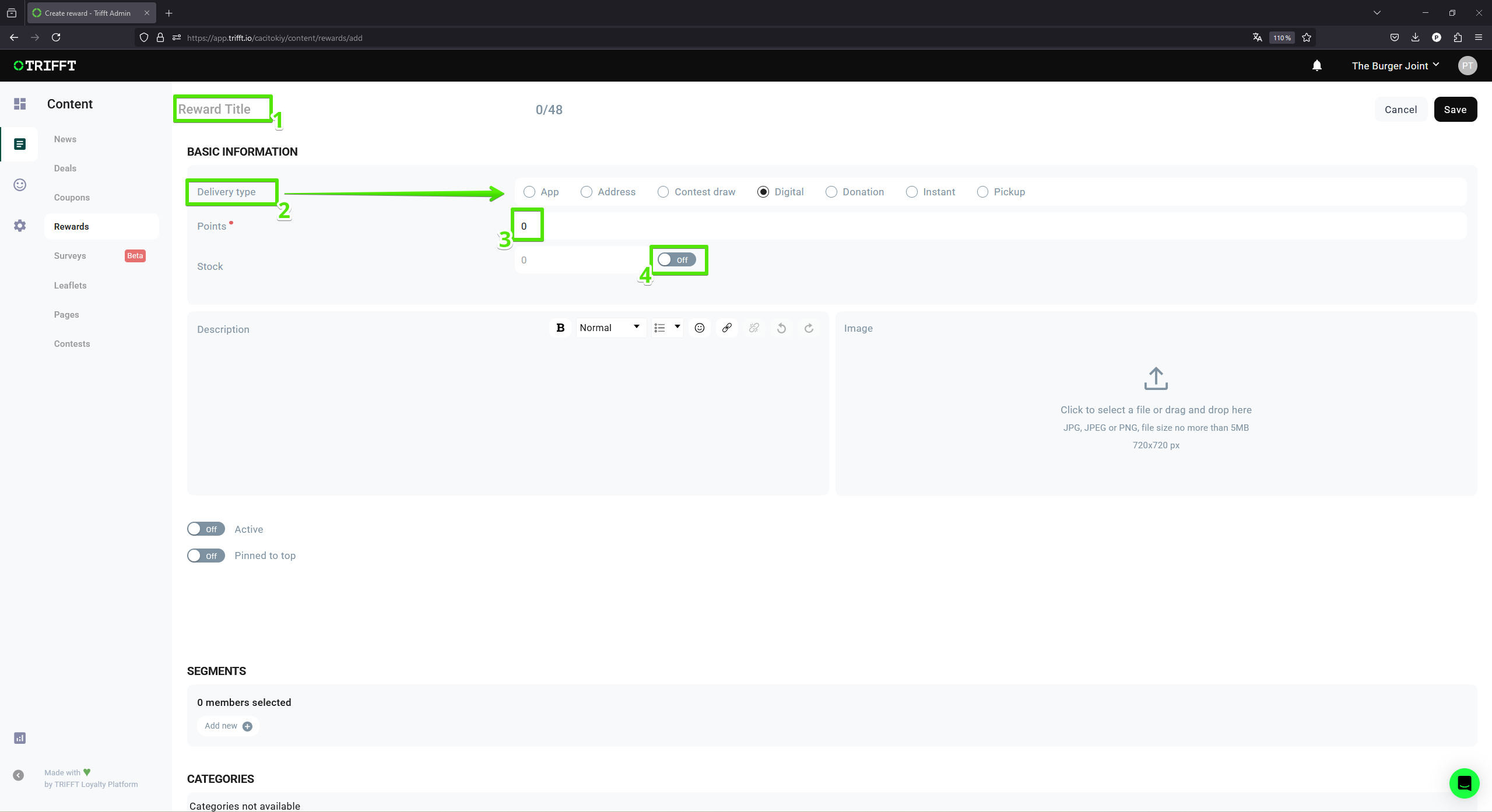 Fill the Reward Title, setup delivery type, points deduction and stock