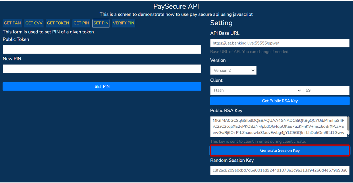 PaySecure API screen: Generating session key