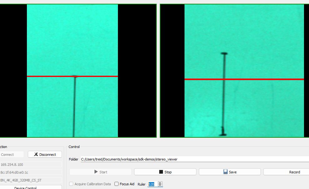 Stereo Viewer Showing Ruler Set to Image Row 550 before Offset Correction
