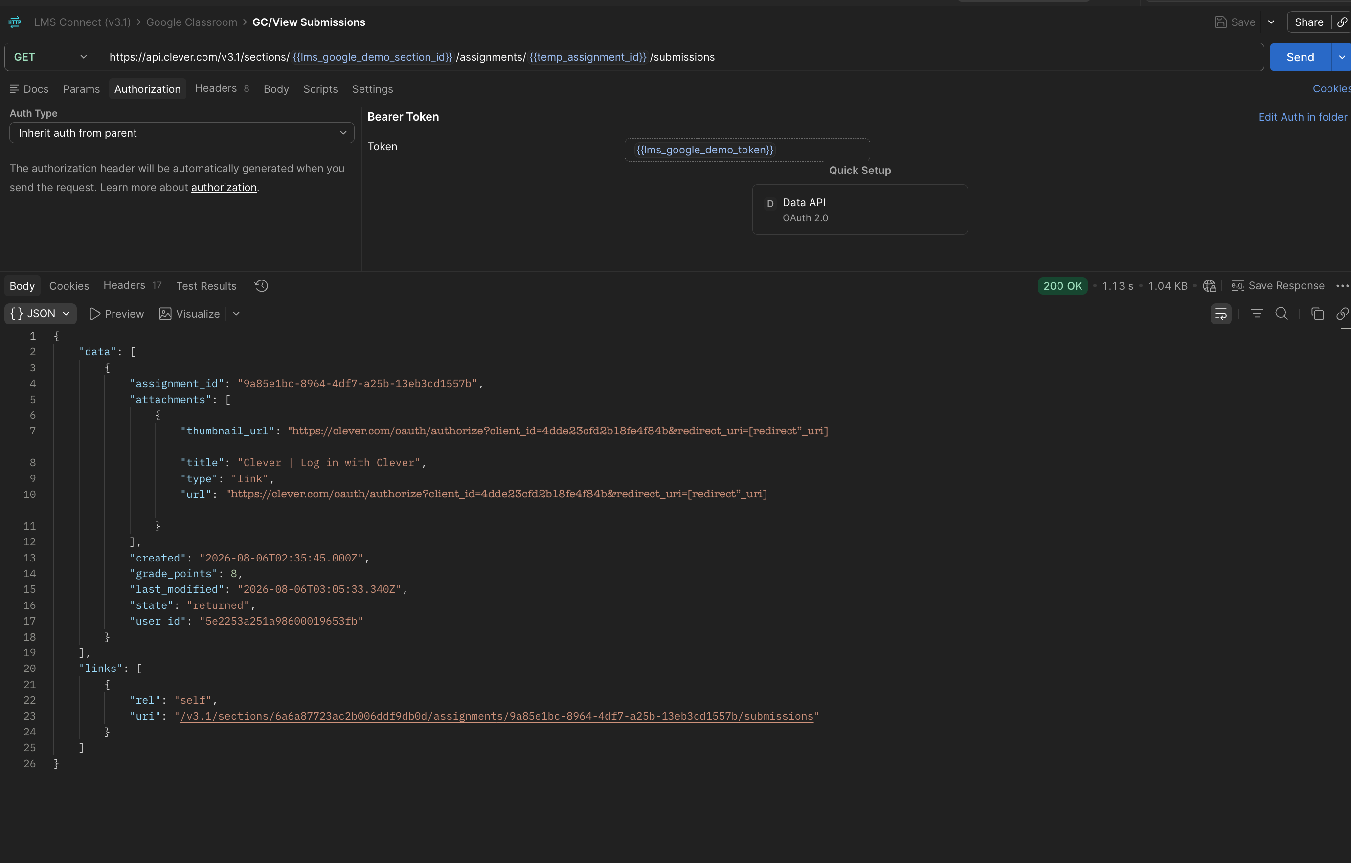 Postman GET GC/View Submissions request showing bearer-token authorization and a 200 OK response
