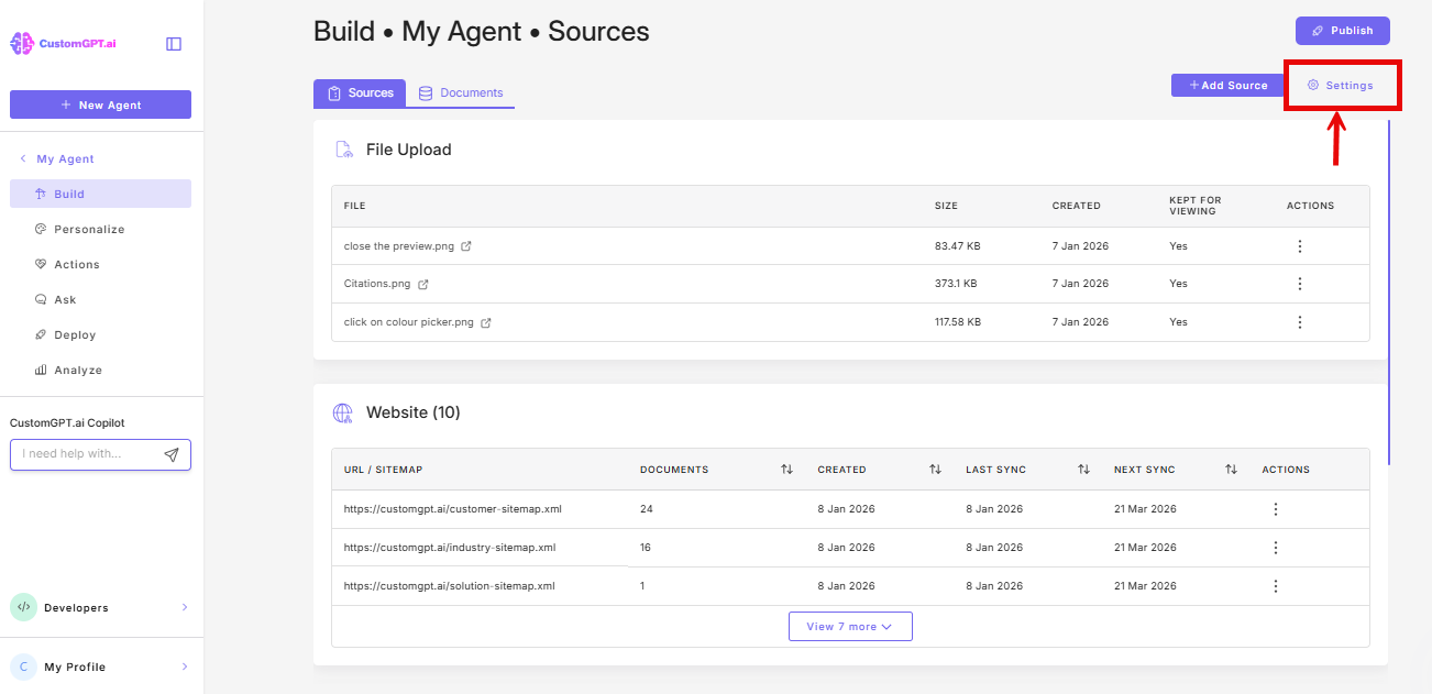 Settings button on the top right corner for the Build My Agent Sources page
