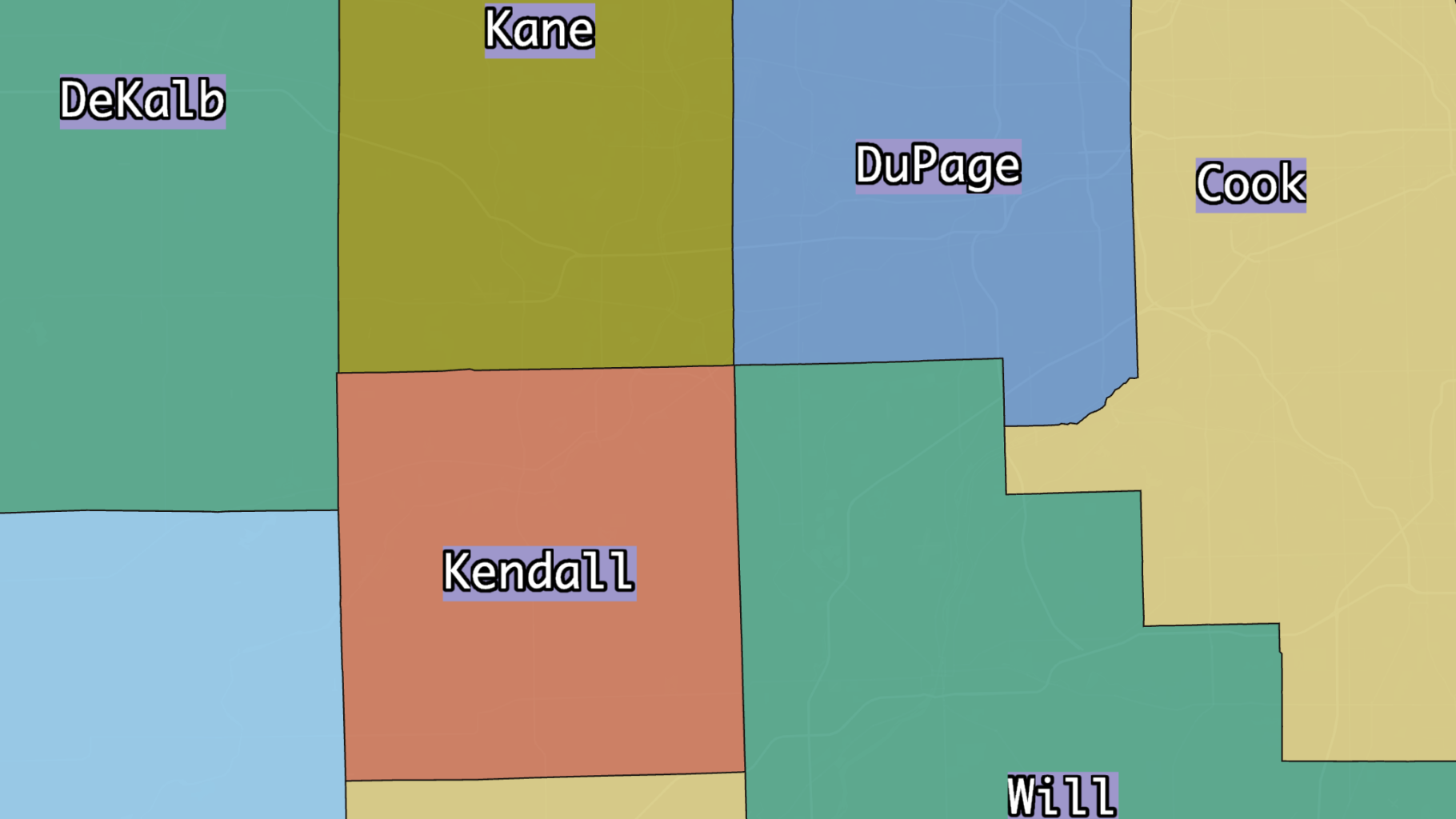 Labeled counties with outlined text.