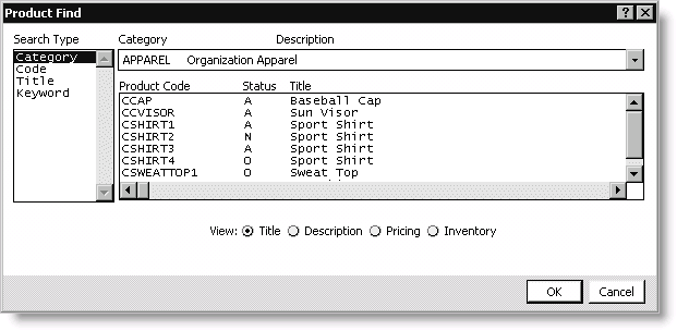 From Orders, select Enter and edit orders, enter or edit an order, and select the Product field's Find icon