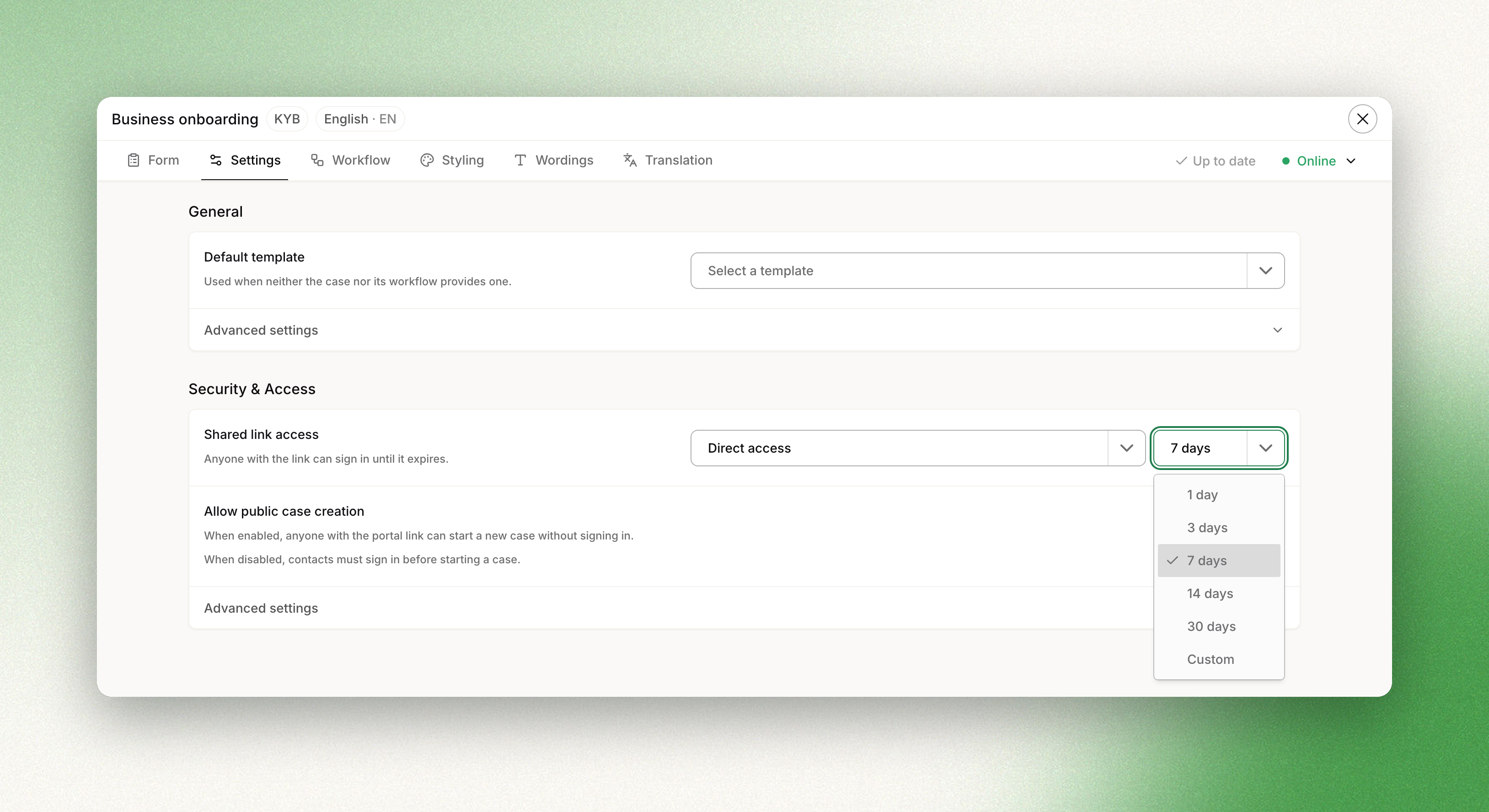 Shared link access set to Direct access, with the link validity presets open