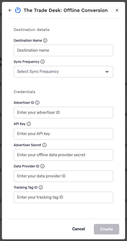 The Trade Desk Offline Conversion destination setup form with destination details and credential fields