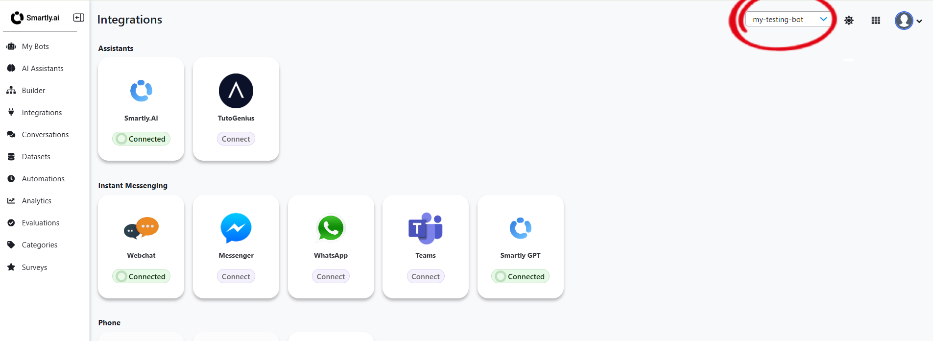 Integrations page with bot selector