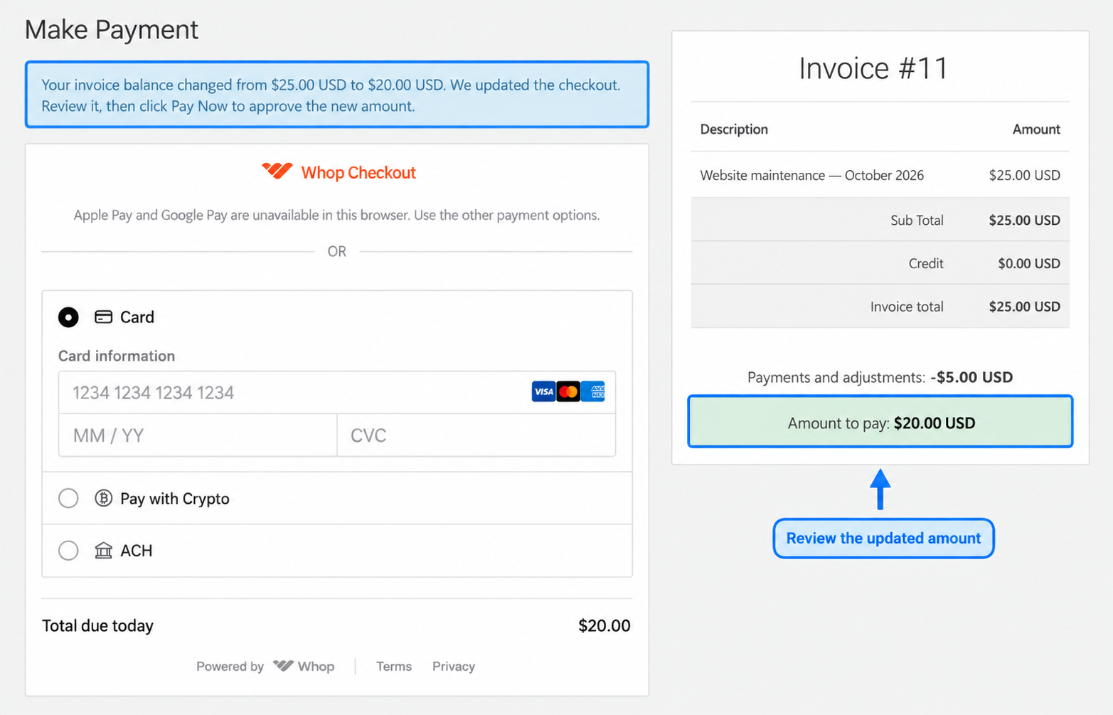 Checkout asks the customer to approve a changed invoice balance