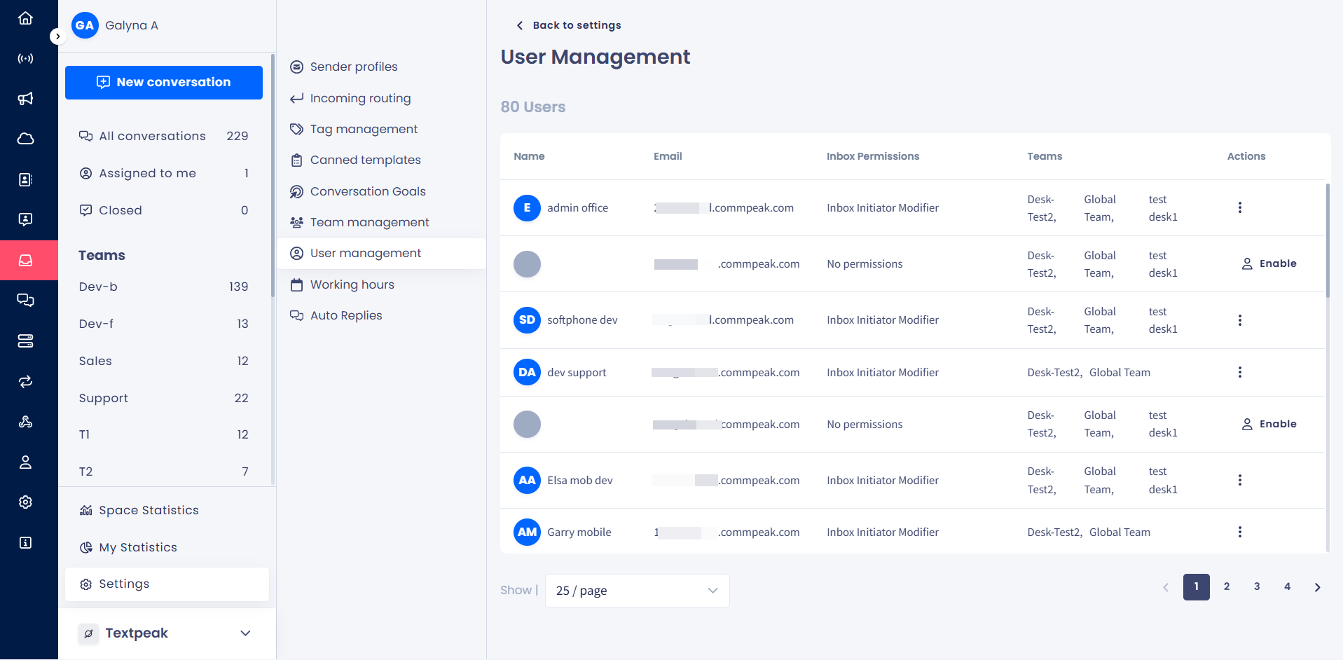 Screenshot of the Inbox > Settings > User Management tab