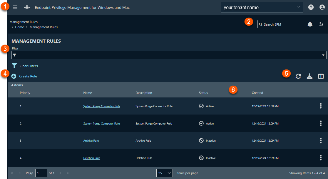 The Endpoint Privilege Management for Windows and Mac Management Rules page