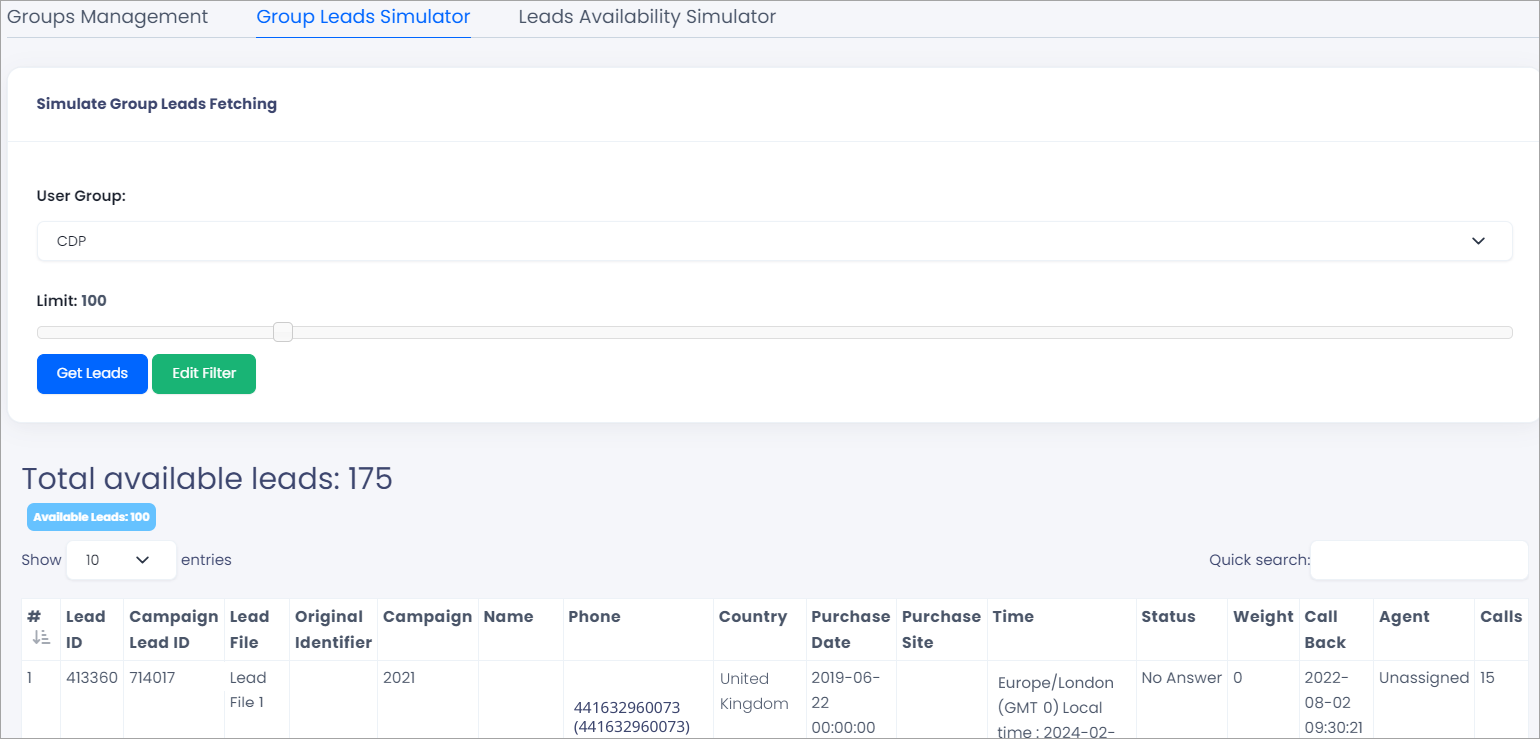 Screenshot of the Group Lead Simulator page