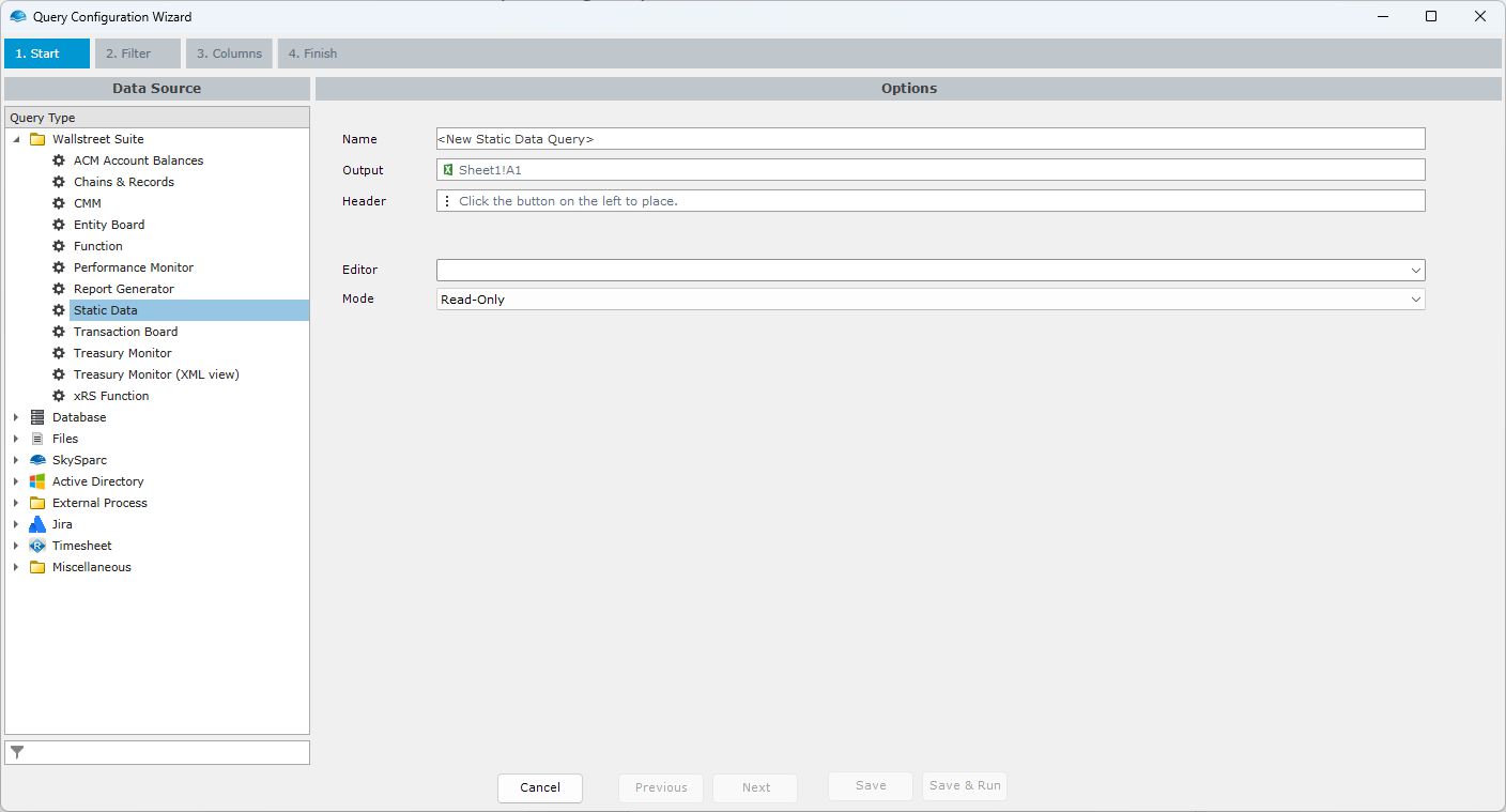 The Static Data query type requires you to select a specific editor before you can proceed.