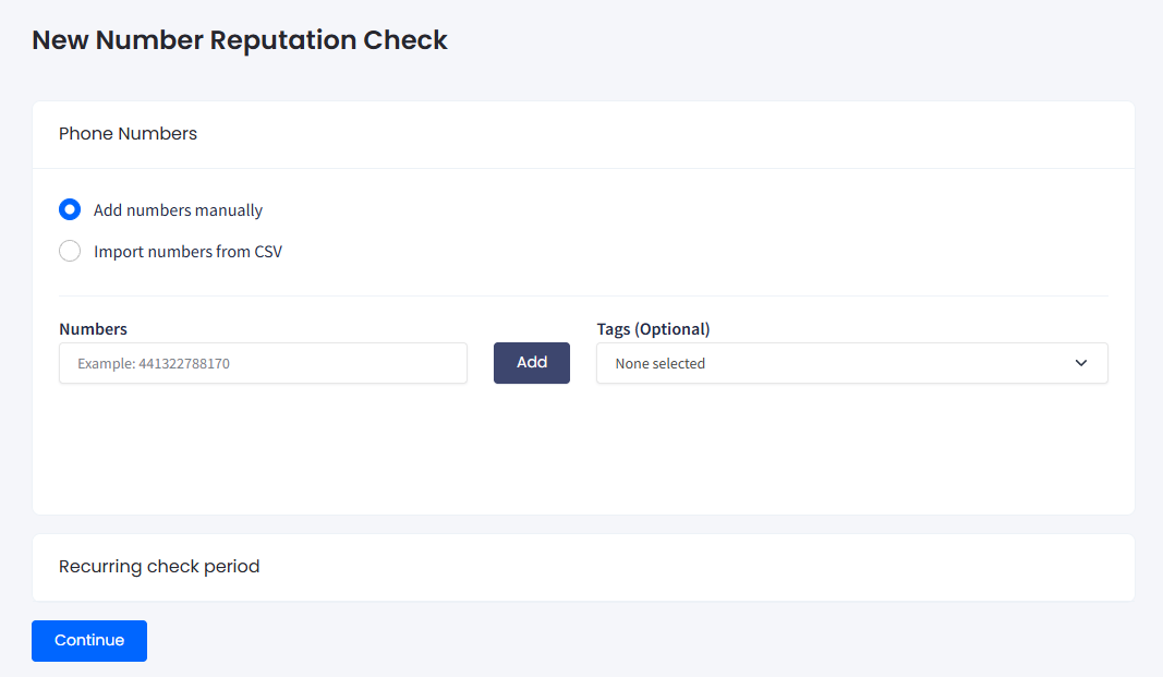Screenshot of the New Number Reputation Check page: Add numbers manually option