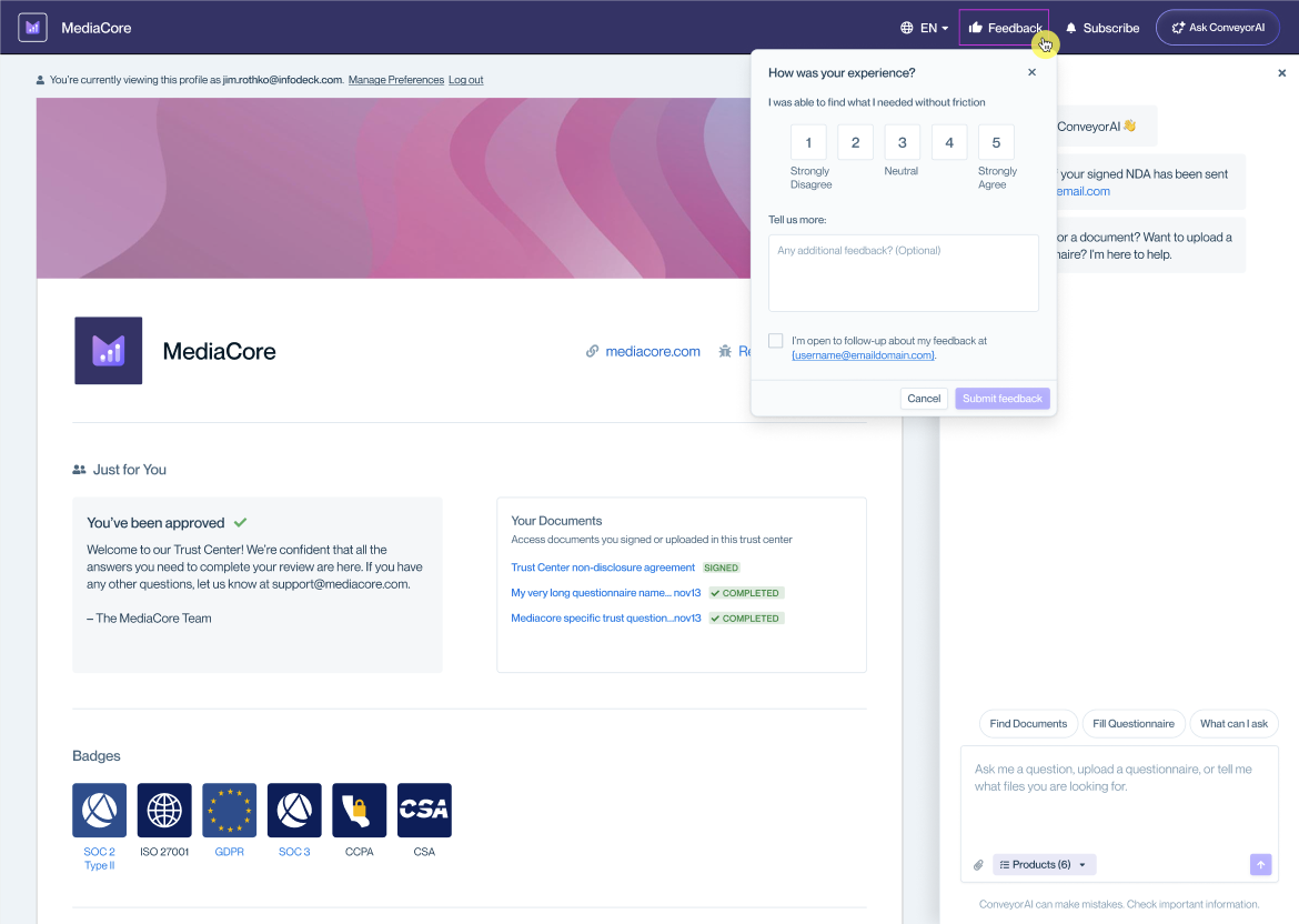 In-app feedback modal titled "How was your experience?" showing a 1–5 rating scale, optional feedback field, optional email field, and a "Submit feedback" button.