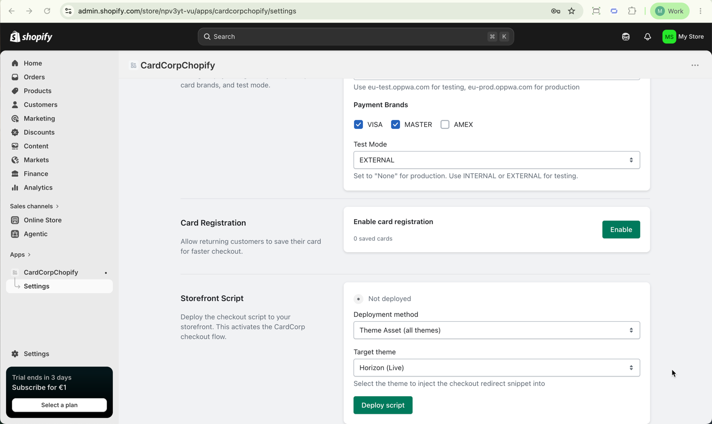 Enable card registration if required, then select deployment method and target theme, then deploy the script 