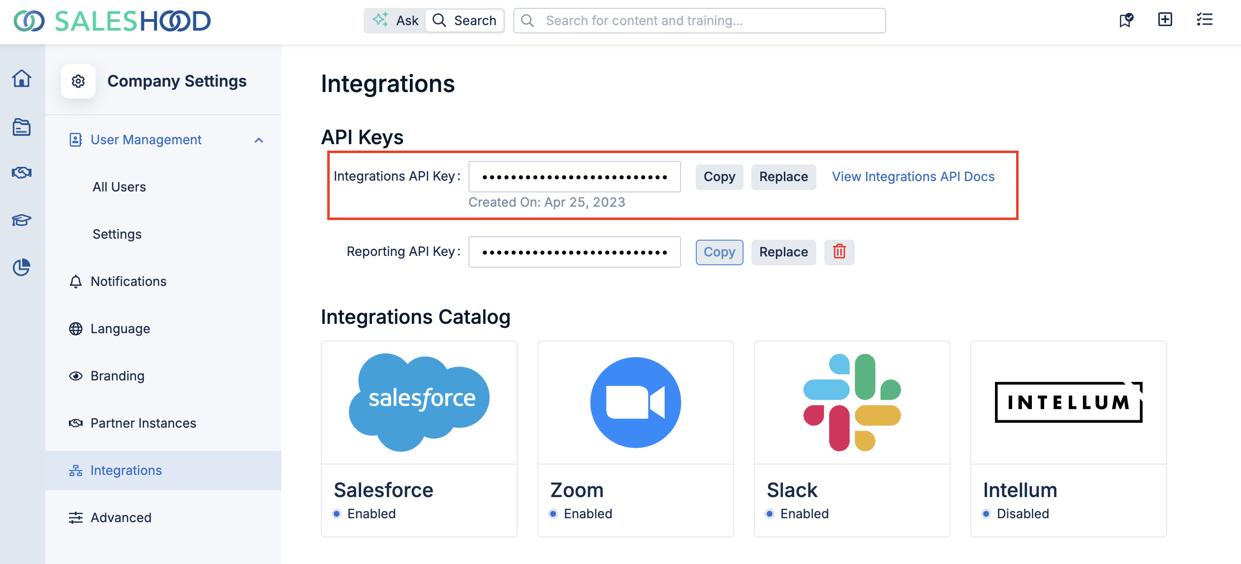 Generate, Copy, and Replace your integrations API key from the Company Settings > Integrations page.