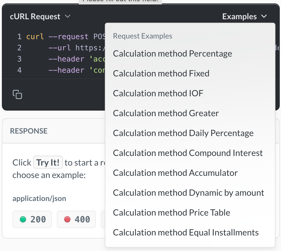 Screenshot of the list of sample fee model payloads